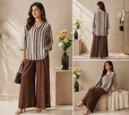 Earth-Tone Striped Tunic with Textured Wide-Leg Palazzo Set