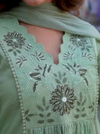 Exquisite Floral Aari Work Kurta Pant Set with Mul Cotton Dupatta