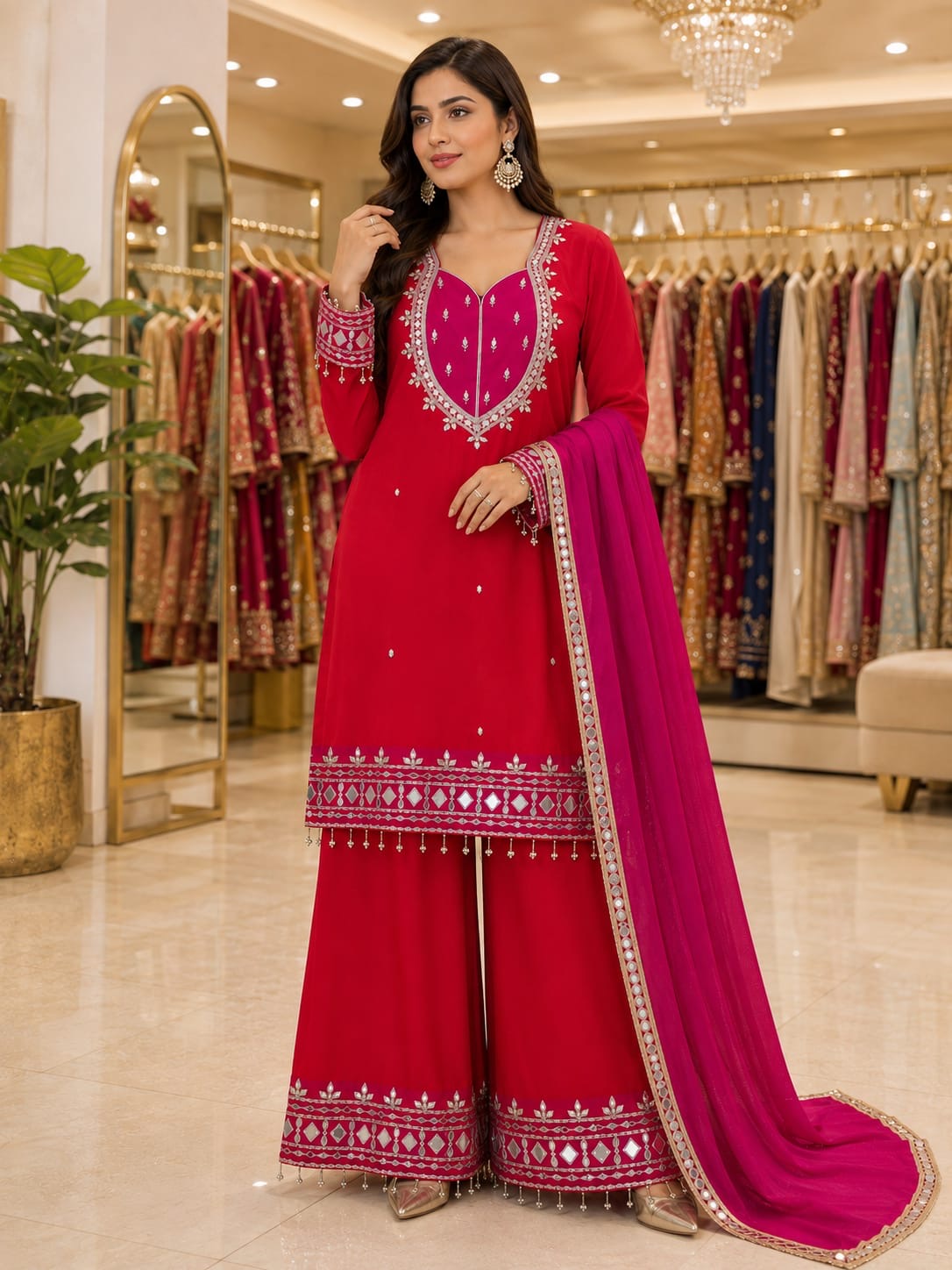 VEYONAS Fashion 3-Piece Ready-to-Wear Party Wear Ensemble (Mirror Work Top, Palazzo & Kota Checks Dupatta)