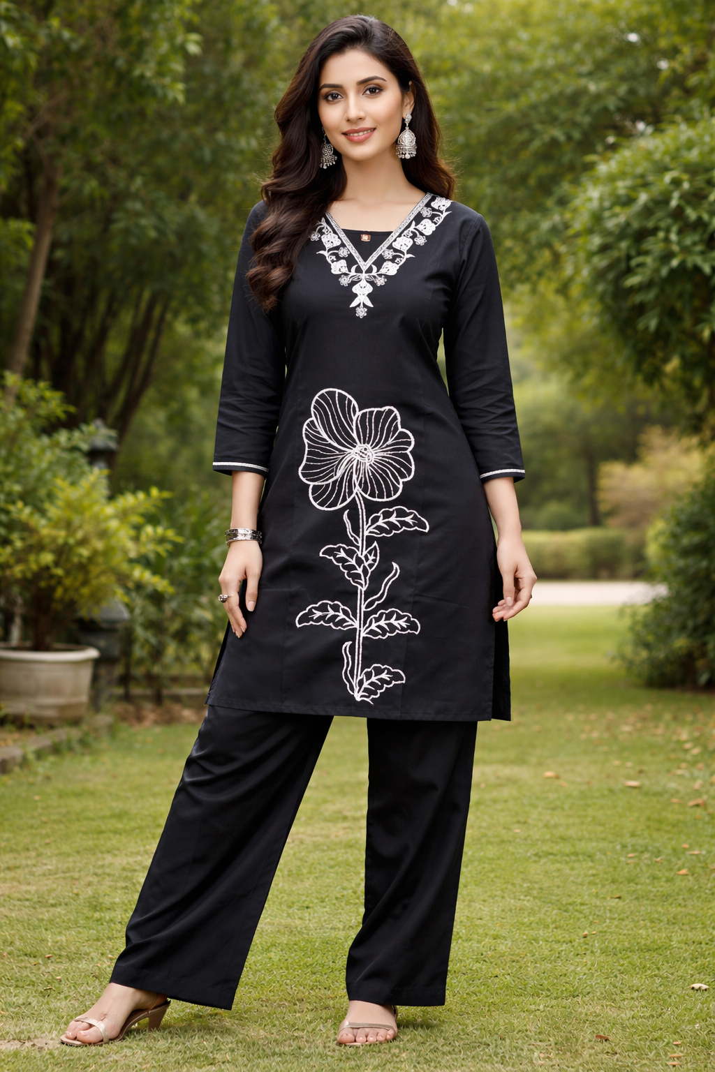 Navy Blue Co-ord Set with White Embroidery.
