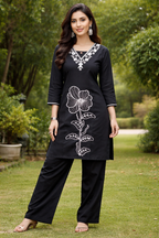 Navy Blue Co-ord Set with White Embroidery.