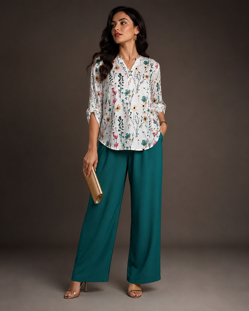 Floral Printed Tunic & Teal Palazzo Co-Ord Set