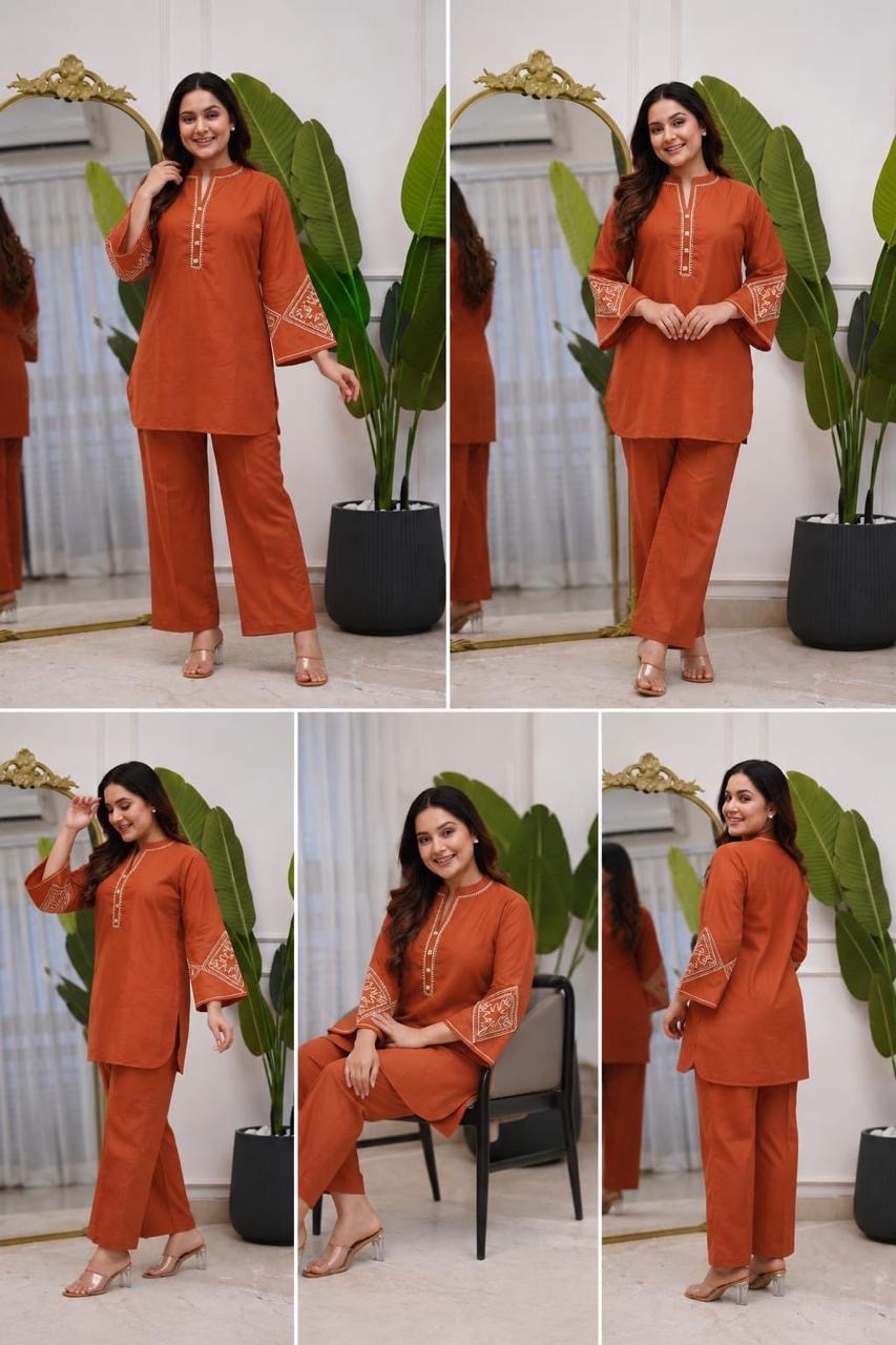 Women's All-Season Premium Cotton Embroidered Co-Ord Set with Pocket Palazzo