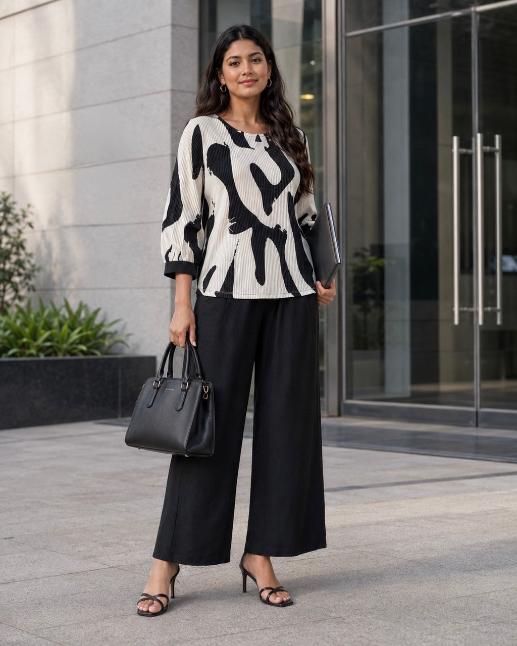 Abstract Print Pleated Top & Wide-Leg Trousers Co-ord Set