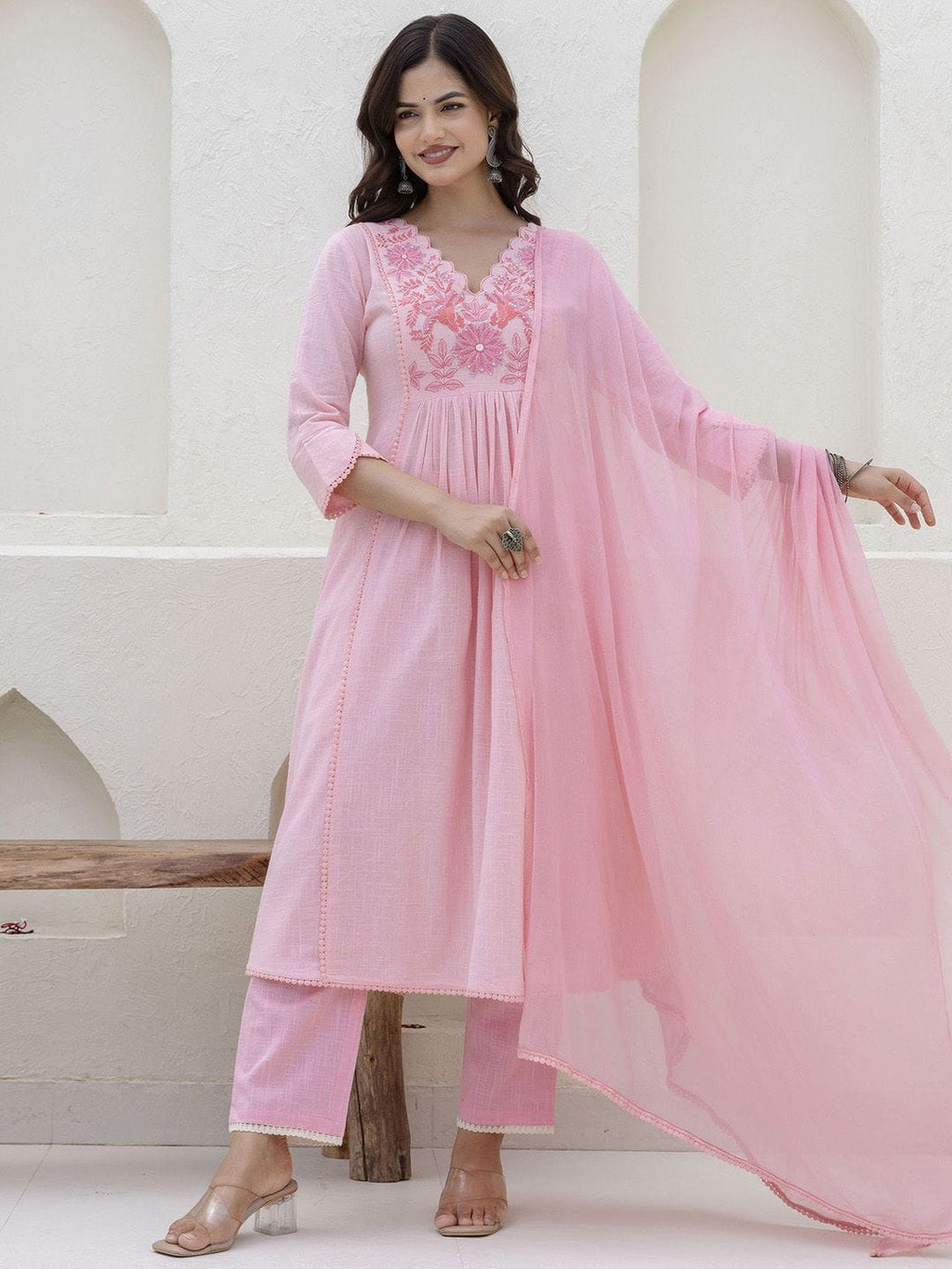 Exquisite Floral Aari Work Kurta Pant Set with Mul Cotton Dupatta