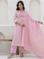 Exquisite Floral Aari Work Kurta Pant Set with Mul Cotton Dupatta