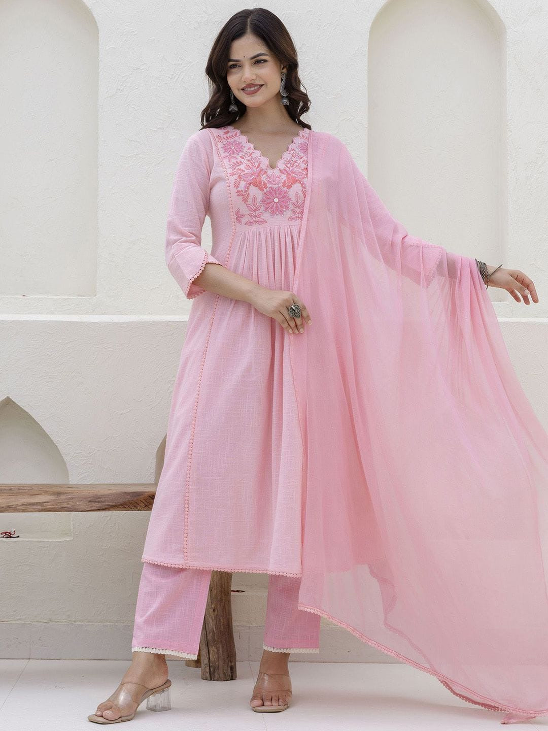 Exquisite Floral Aari Work Kurta Pant Set with Mul Cotton Dupatta