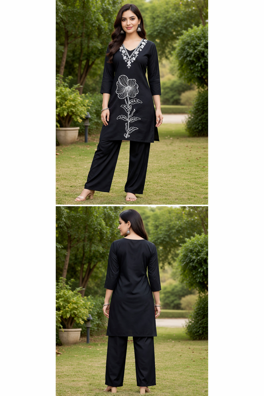 Navy Blue Co-ord Set with White Embroidery.