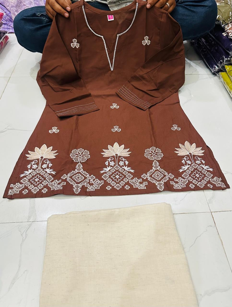 Elegant Pure Cotton 2-Piece Embroidered Co-Ord Set (Top & Bottom)