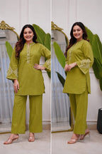 Women's All-Season Premium Cotton Embroidered Co-Ord Set with Pocket Palazzo