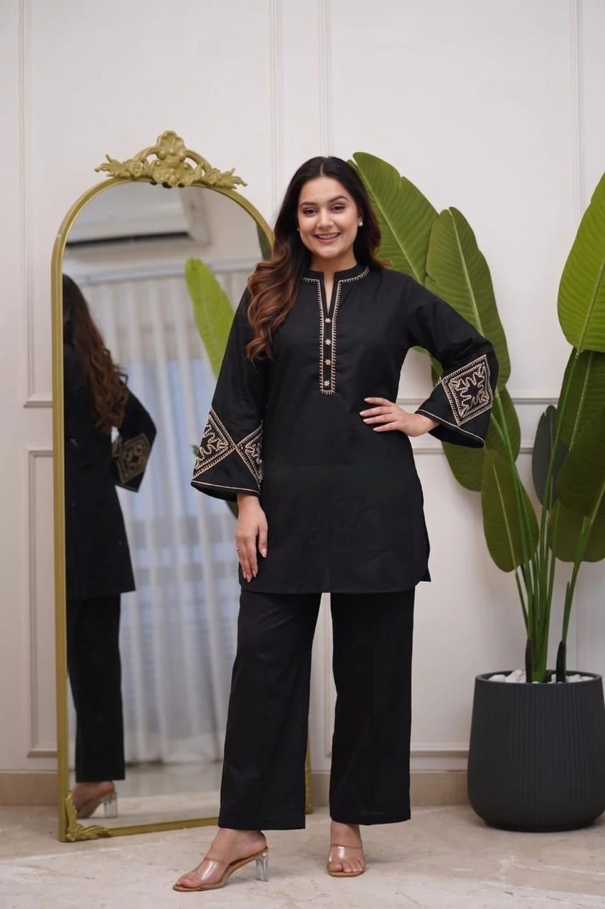 Women's All-Season Premium Cotton Embroidered Co-Ord Set with Pocket Palazzo
