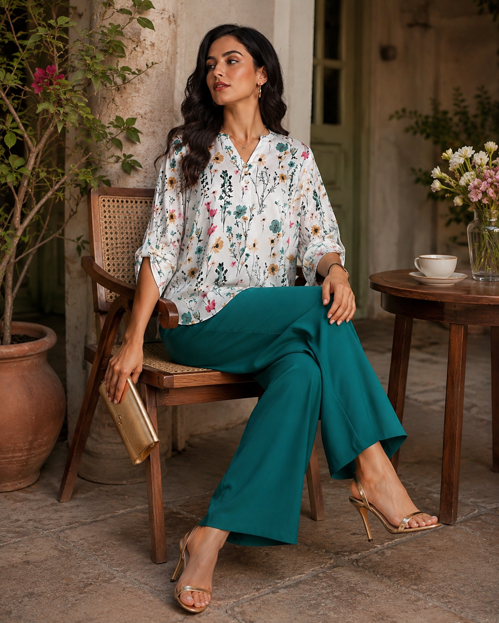 Floral Printed Tunic & Teal Palazzo Co-Ord Set