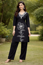 Navy Blue Co-ord Set with White Embroidery.