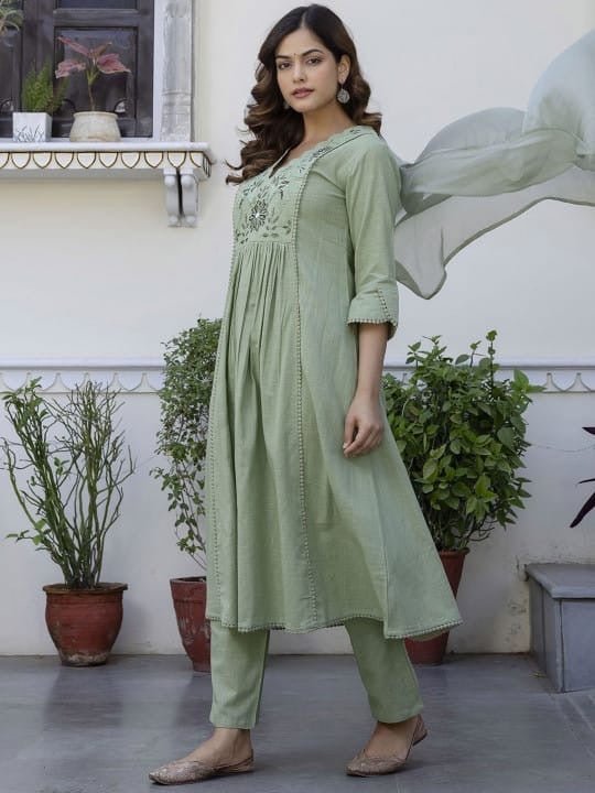 Exquisite Floral Aari Work Kurta Pant Set with Mul Cotton Dupatta