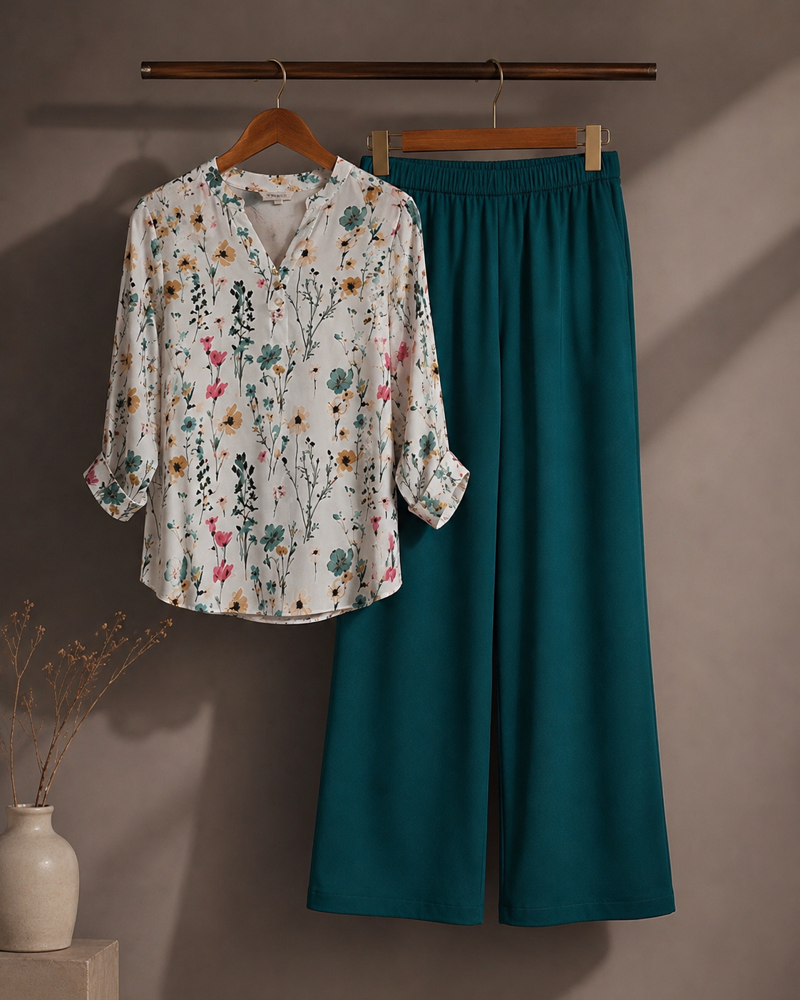 Floral Printed Tunic & Teal Palazzo Co-Ord Set