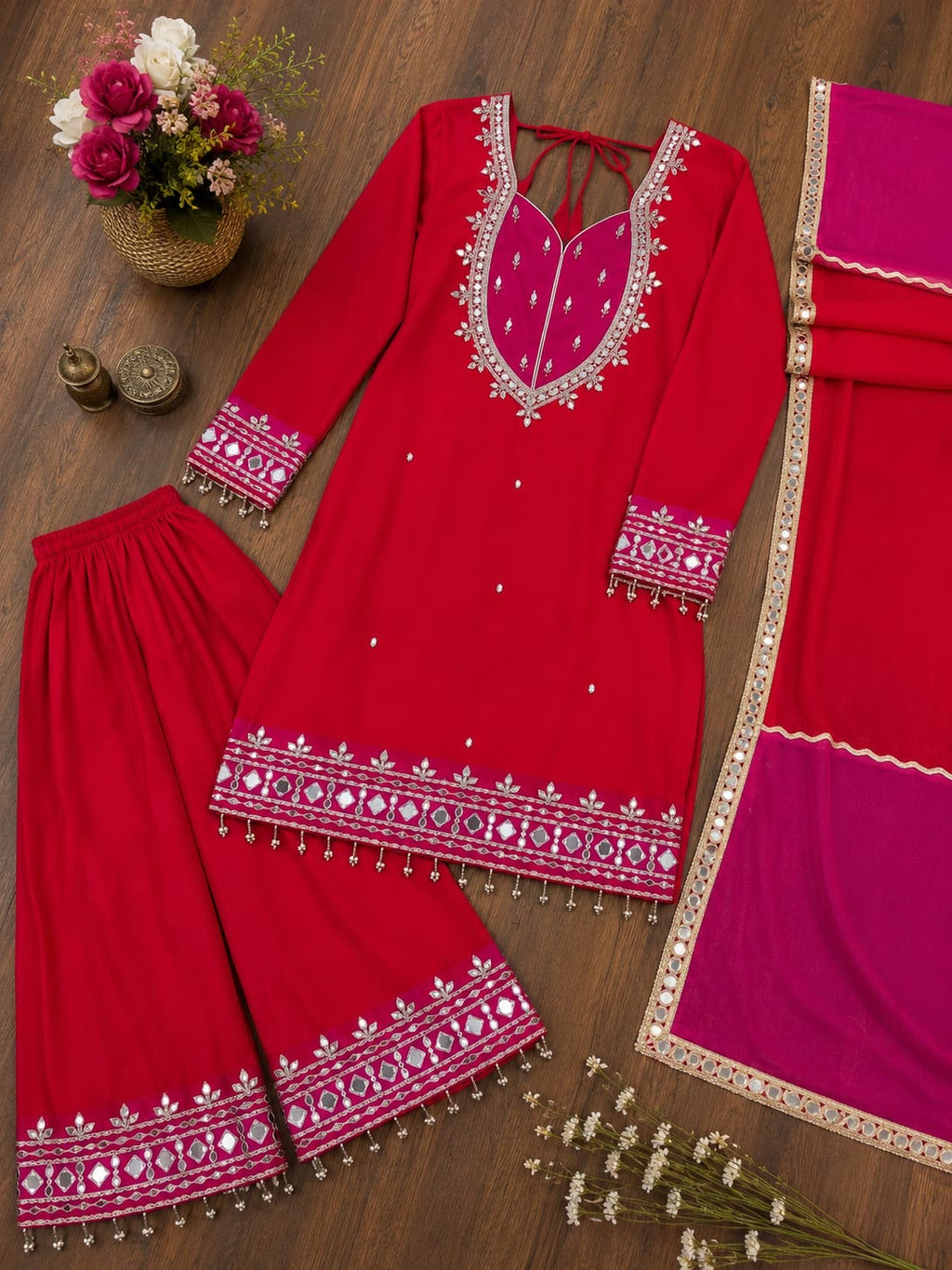 VEYONAS Fashion 3-Piece Ready-to-Wear Party Wear Ensemble (Mirror Work Top, Palazzo & Kota Checks Dupatta)