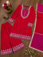 VEYONAS Fashion 3-Piece Ready-to-Wear Party Wear Ensemble (Mirror Work Top, Palazzo & Kota Checks Dupatta)