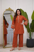 Women's All-Season Premium Cotton Embroidered Co-Ord Set with Pocket Palazzo