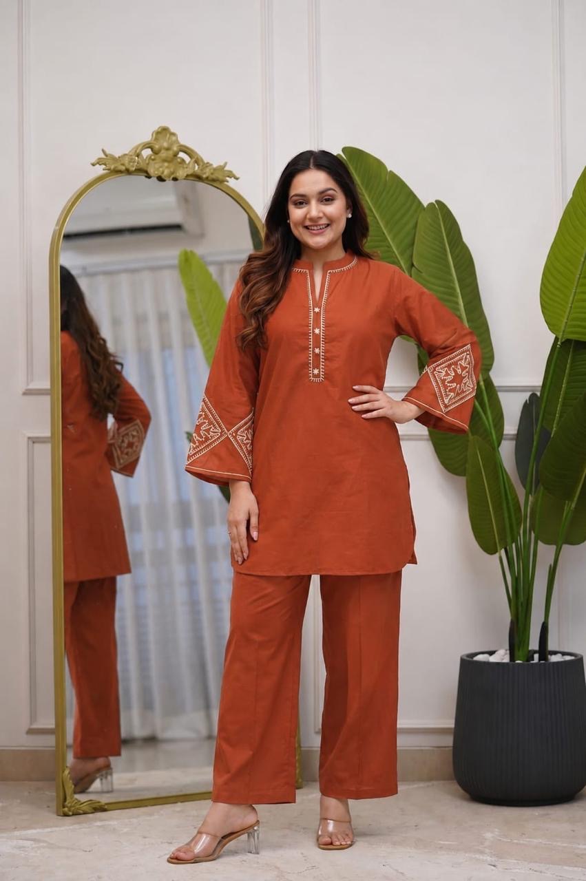Women's All-Season Premium Cotton Embroidered Co-Ord Set with Pocket Palazzo