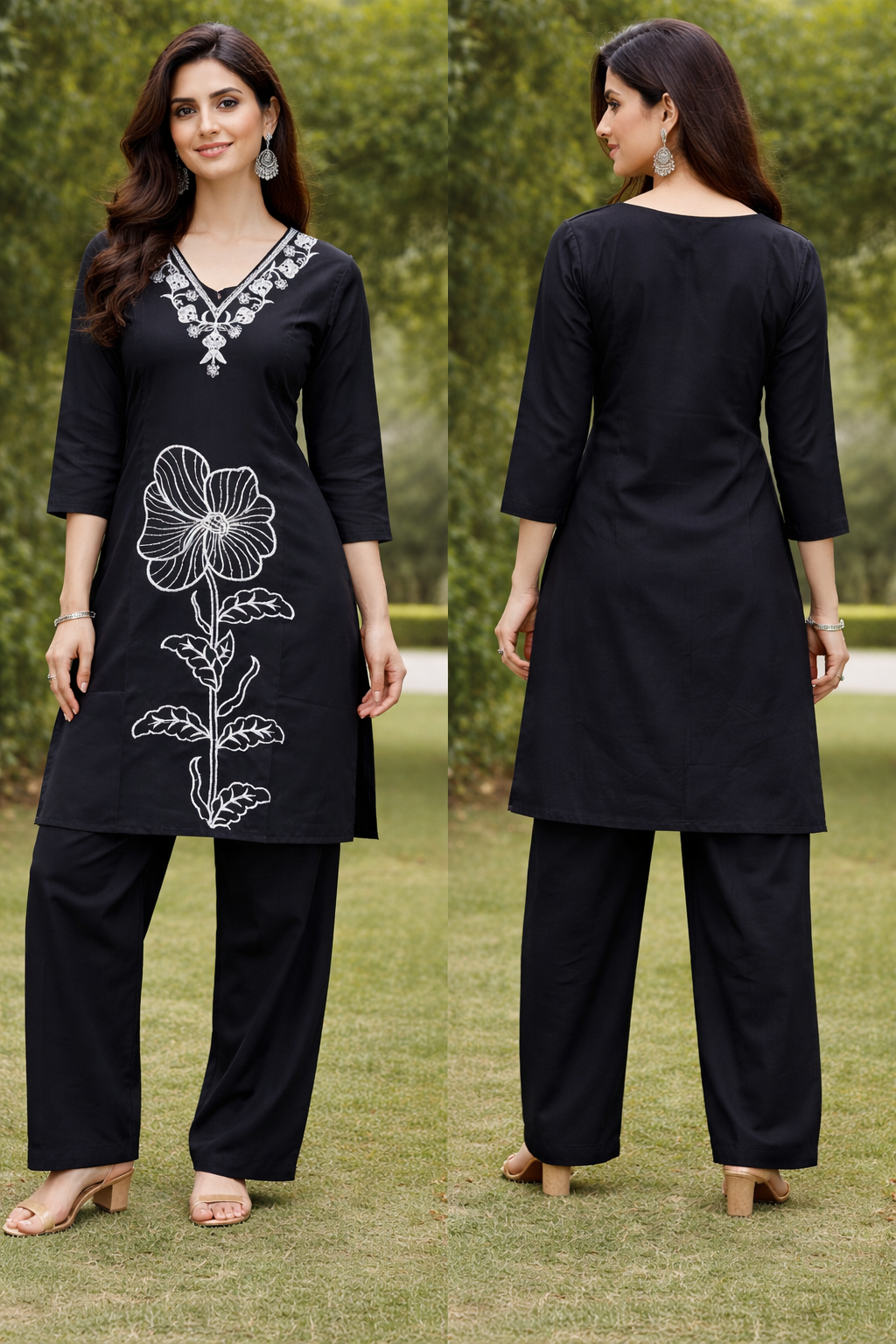 Navy Blue Co-ord Set with White Embroidery.