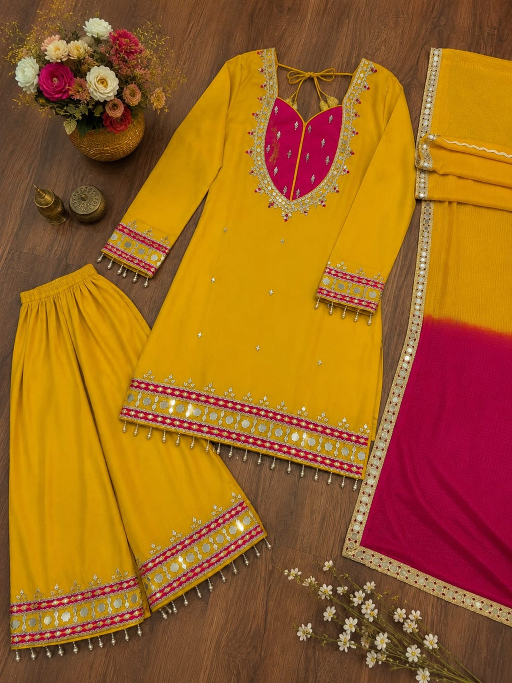 VEYONAS Fashion 3-Piece Ready-to-Wear Party Wear Ensemble (Mirror Work Top, Palazzo & Kota Checks Dupatta)