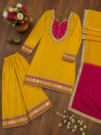 VEYONAS Fashion 3-Piece Ready-to-Wear Party Wear Ensemble (Mirror Work Top, Palazzo & Kota Checks Dupatta)