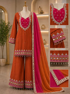 VEYONAS Fashion 3-Piece Ready-to-Wear Party Wear Ensemble (Mirror Work Top, Palazzo & Kota Checks Dupatta)