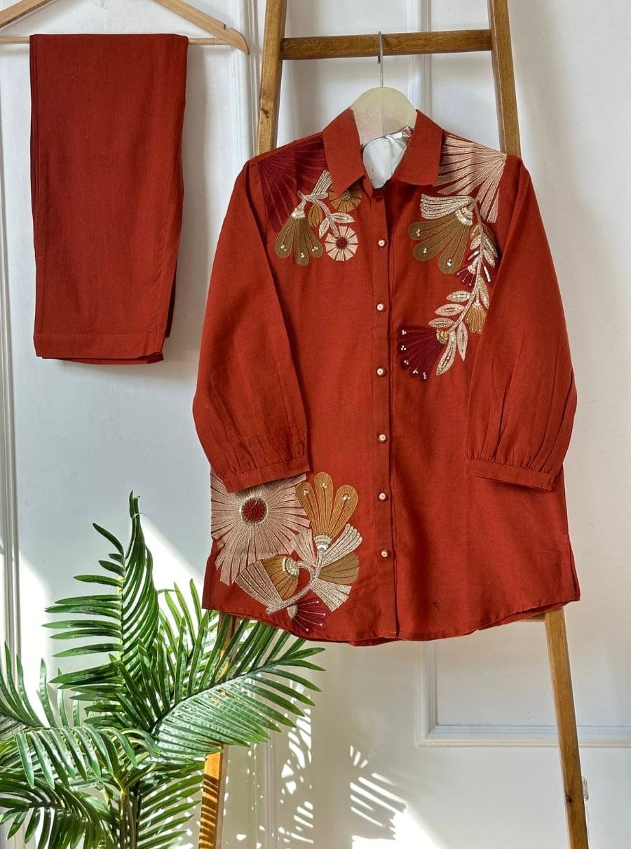 Elegant Pure Cotton Embroidered Co-ord Set with Collared Neck (2-Piece Set)