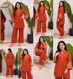 Women's All-Season Premium Cotton Embroidered Co-Ord Set with Pocket Palazzo