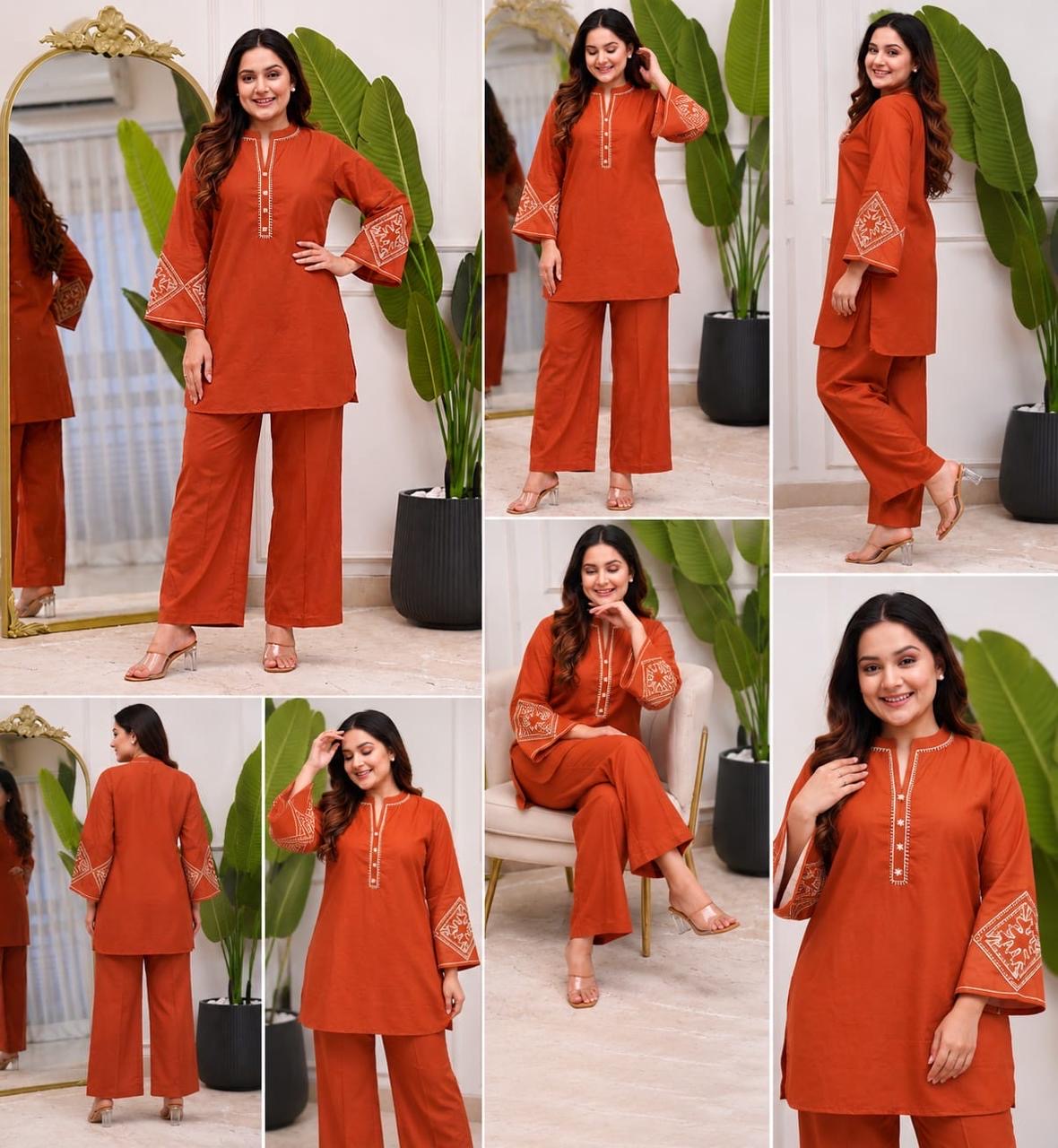 Women's All-Season Premium Cotton Embroidered Co-Ord Set with Pocket Palazzo