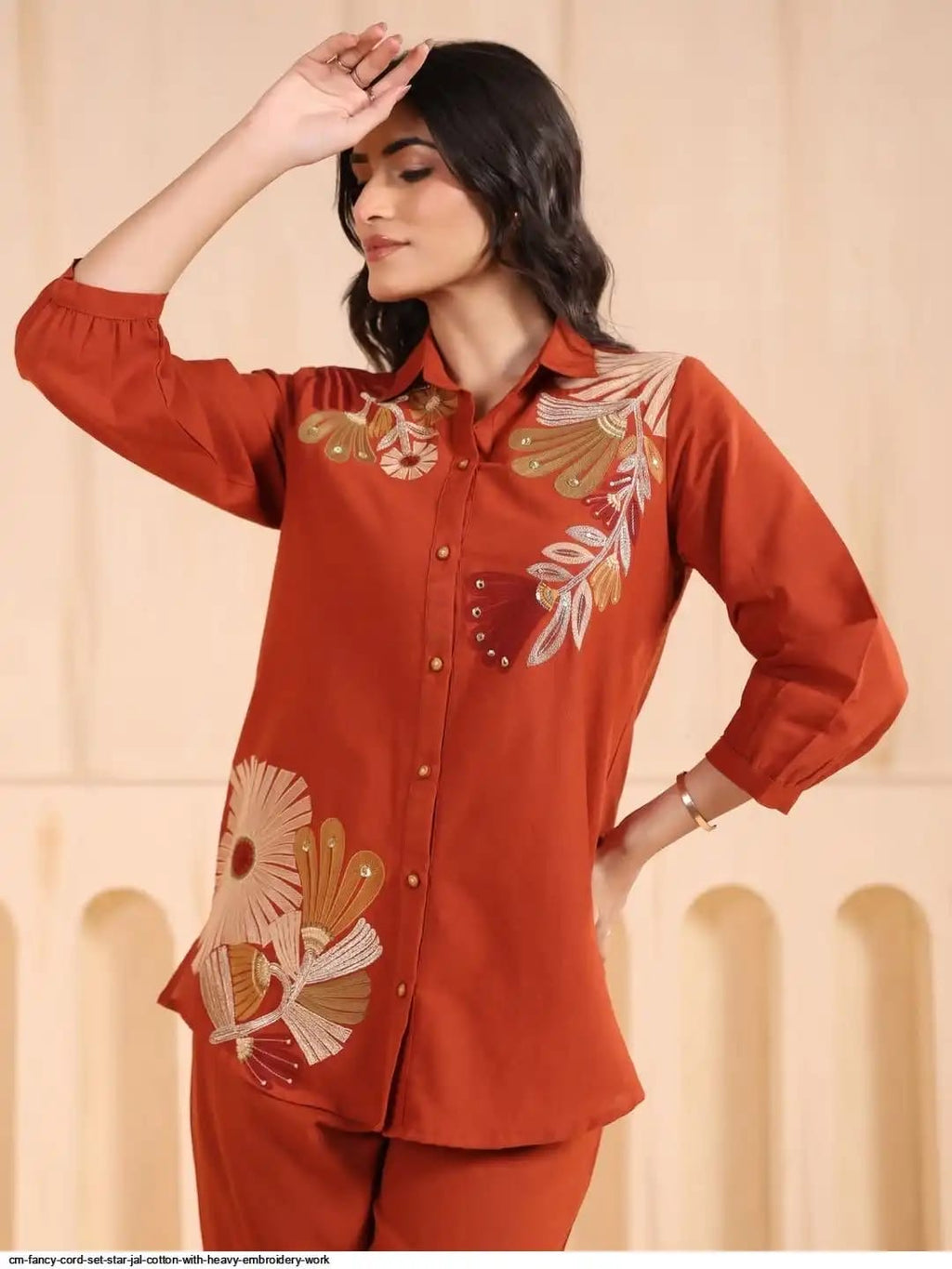 Elegant Pure Cotton Embroidered Co-ord Set with Collared Neck (2-Piece Set)