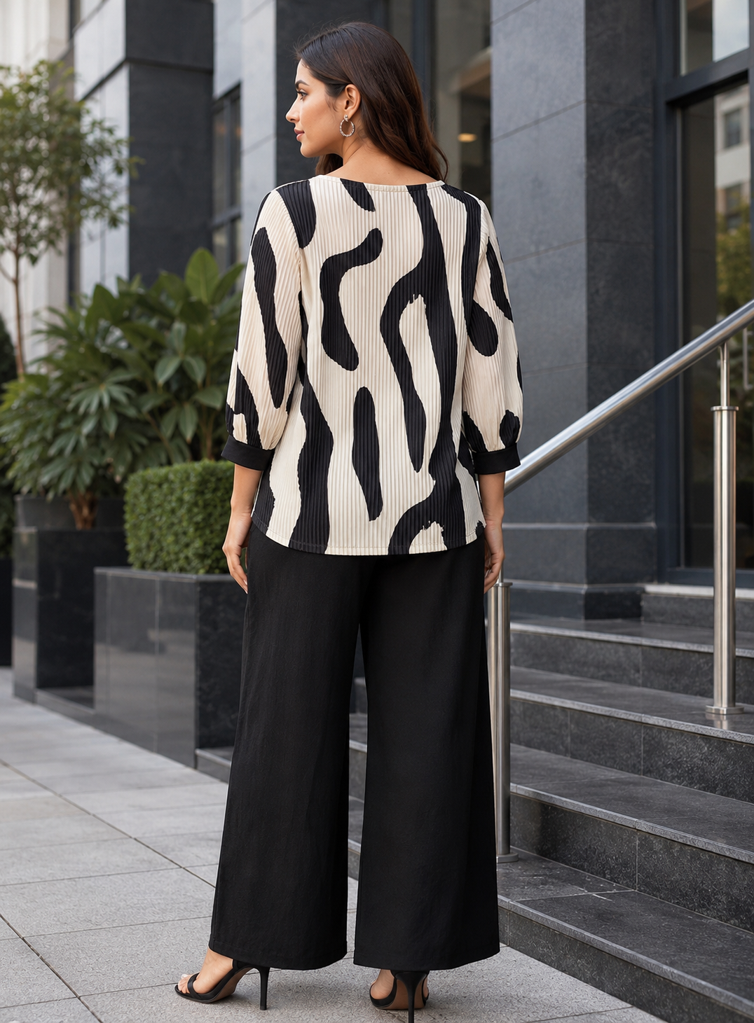 Abstract Print Pleated Top & Wide-Leg Trousers Co-ord Set