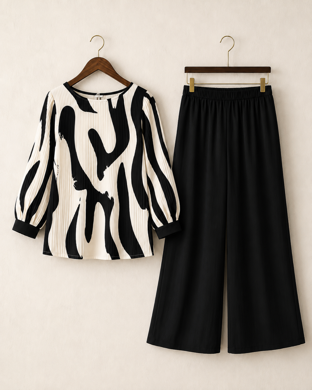 Abstract Print Pleated Top & Wide-Leg Trousers Co-ord Set