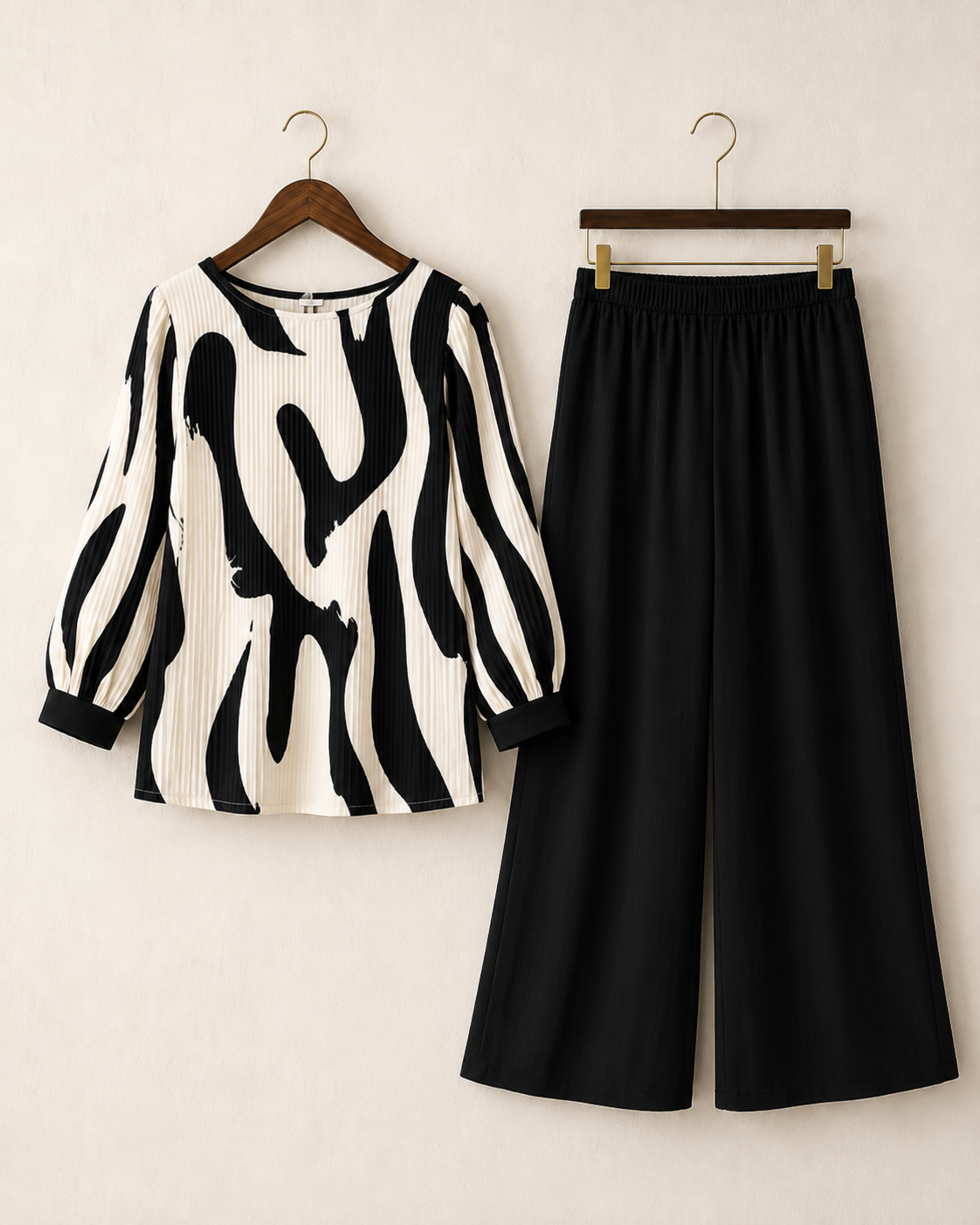 Abstract Print Pleated Top & Wide-Leg Trousers Co-ord Set