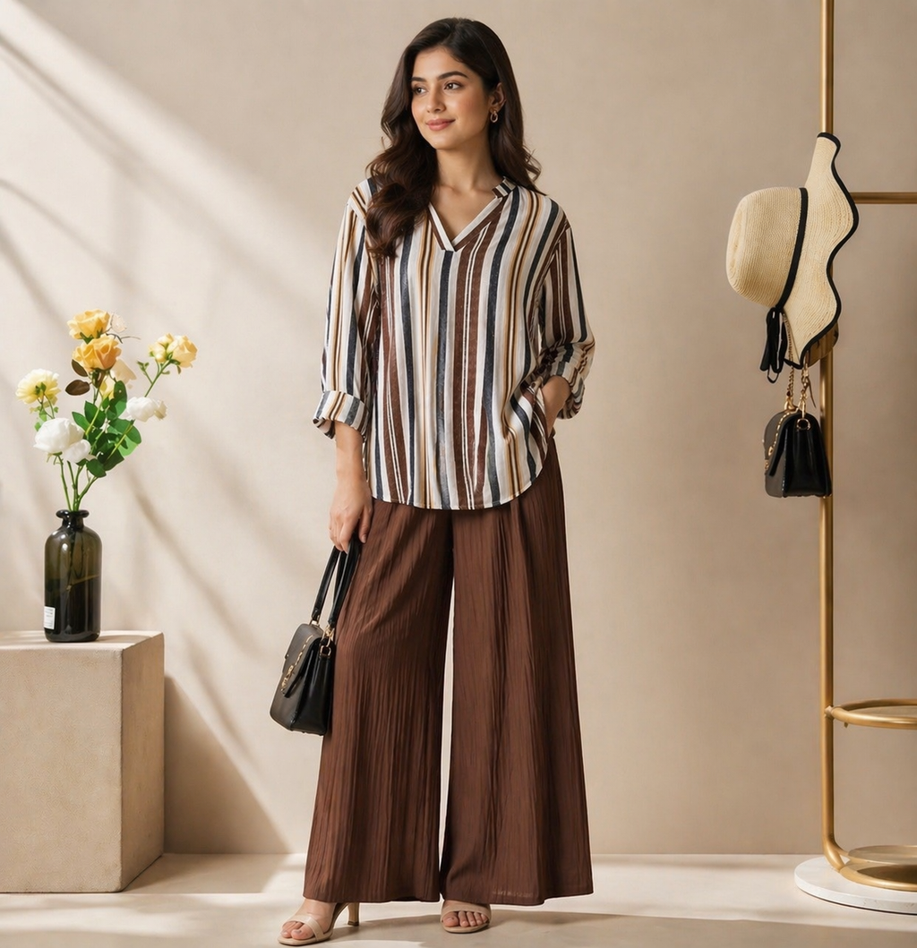 Earth-Tone Striped Tunic with Textured Wide-Leg Palazzo Set