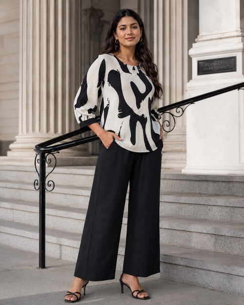 Abstract Print Pleated Top & Wide-Leg Trousers Co-ord Set