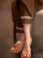 Brown Embroidered Cotton Kurta Set