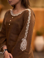 Brown Embroidered Cotton Kurta Set