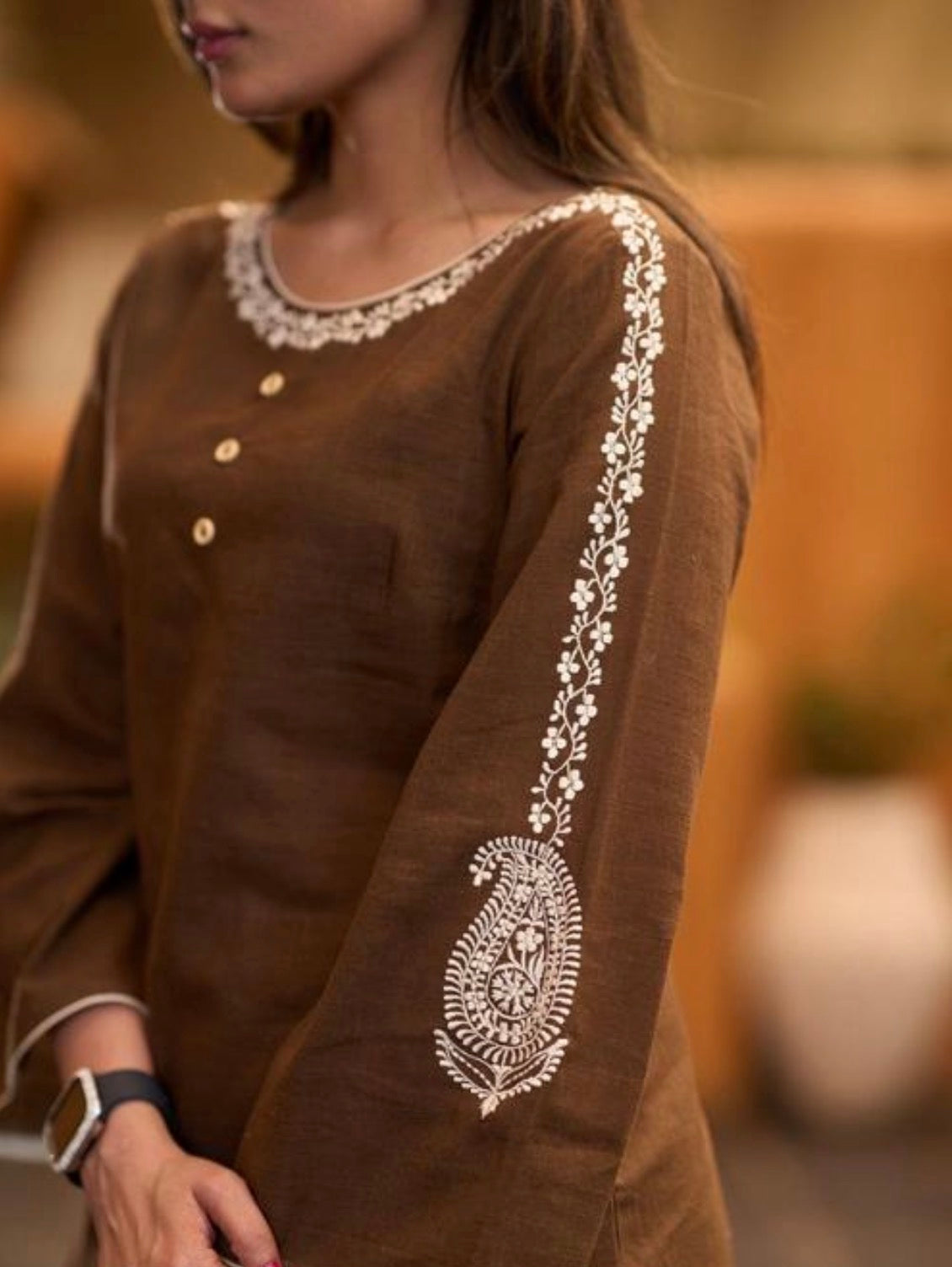 Brown Embroidered Cotton Kurta Set