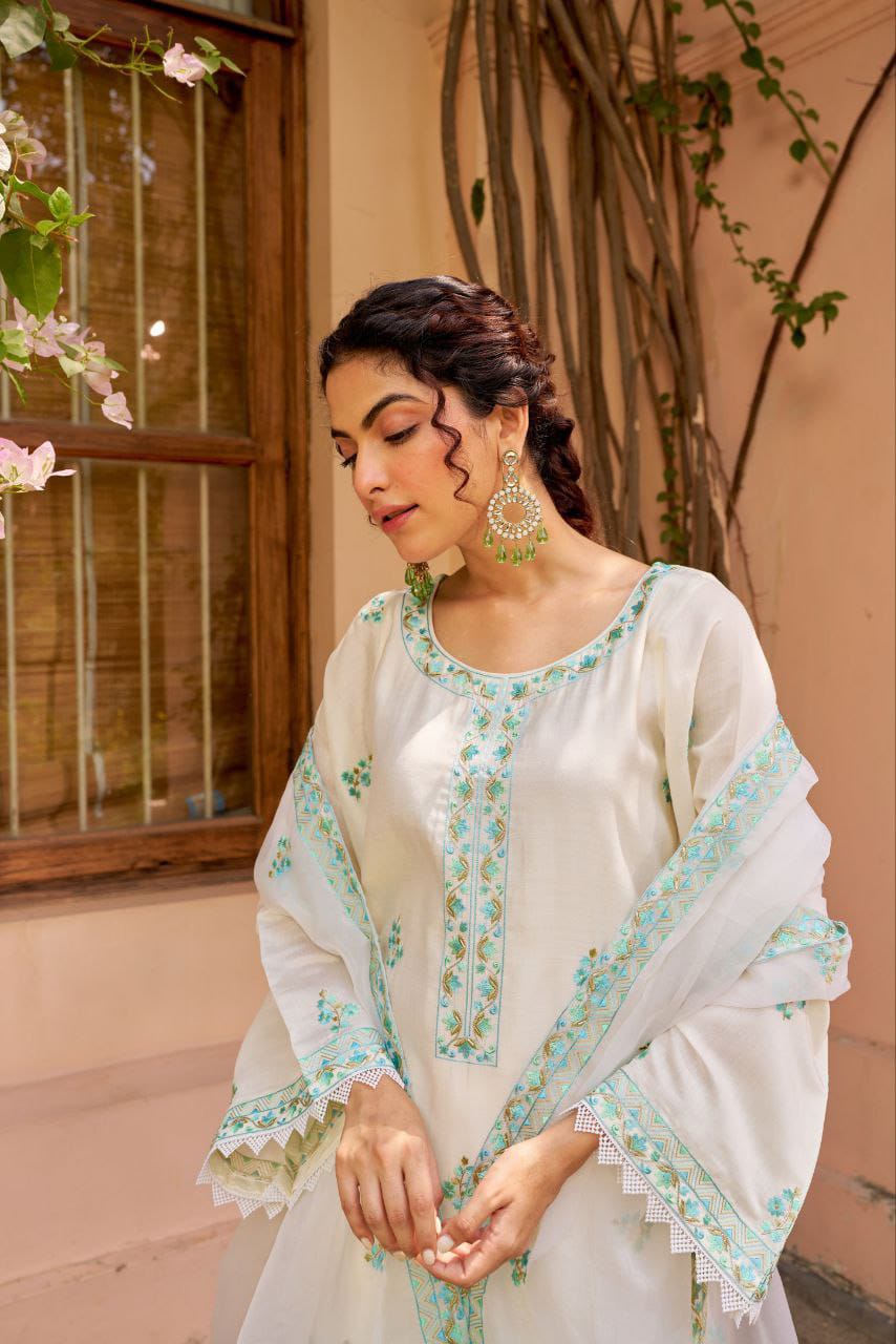 Fully Stitched Chanderi Embroidered Suit Set