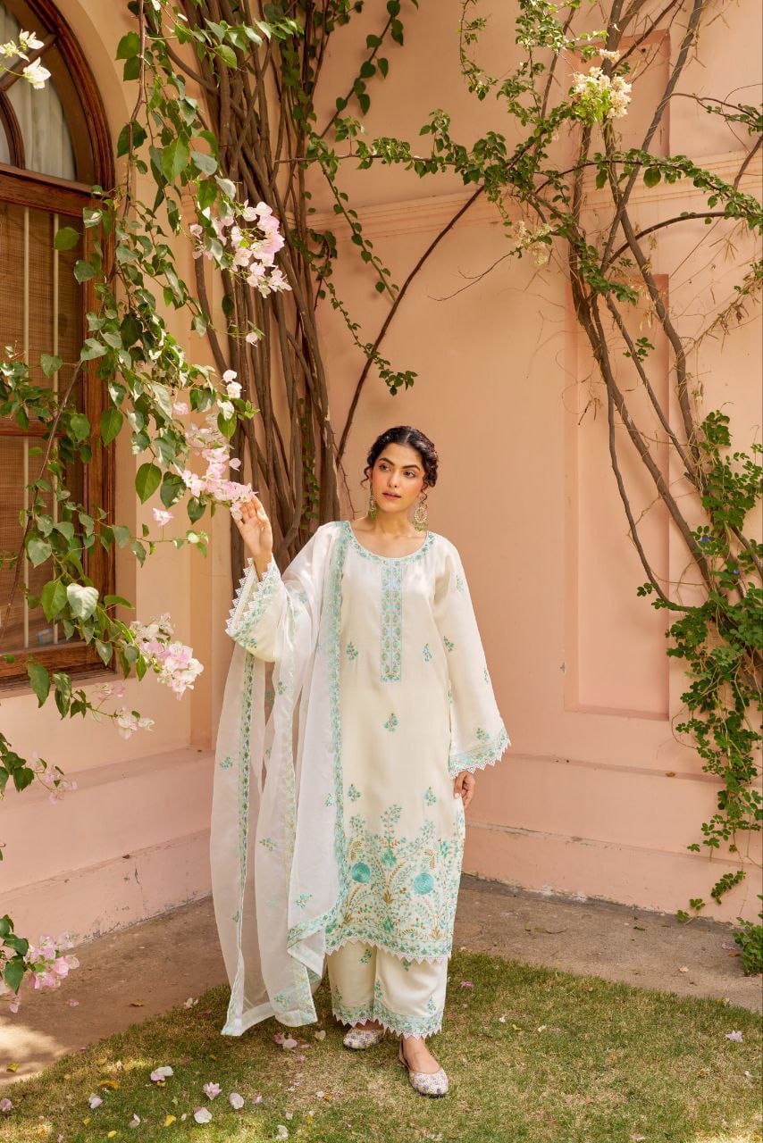 Fully Stitched Chanderi Embroidered Suit Set