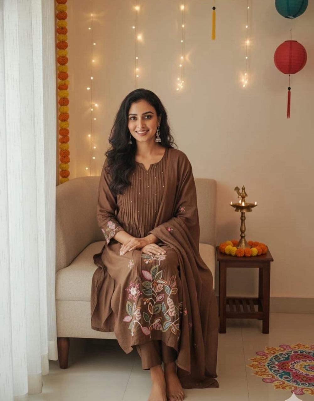 Elegant Cotton Embroidered A-Line Suit Set