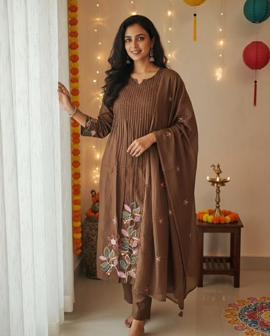 Elegant Cotton Embroidered A-Line Suit Set