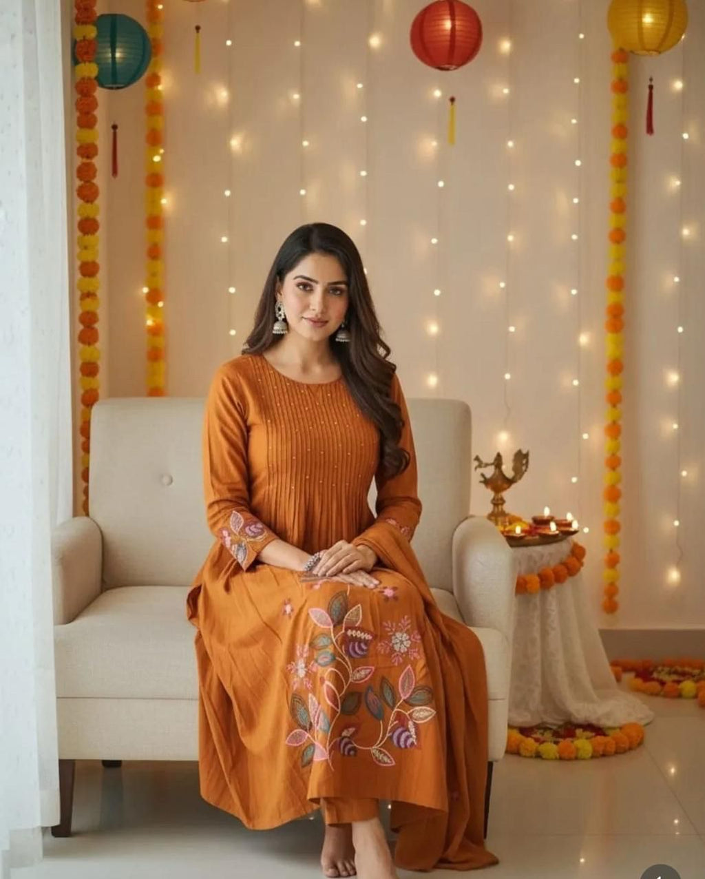 Elegant Cotton Embroidered A-Line Suit Set