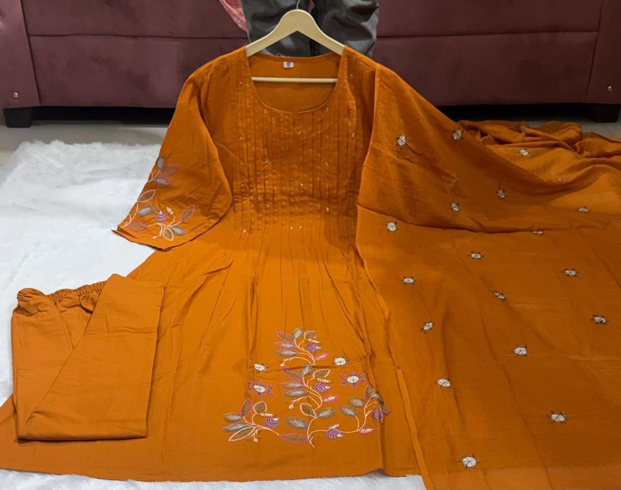 Elegant Cotton Embroidered A-Line Suit Set