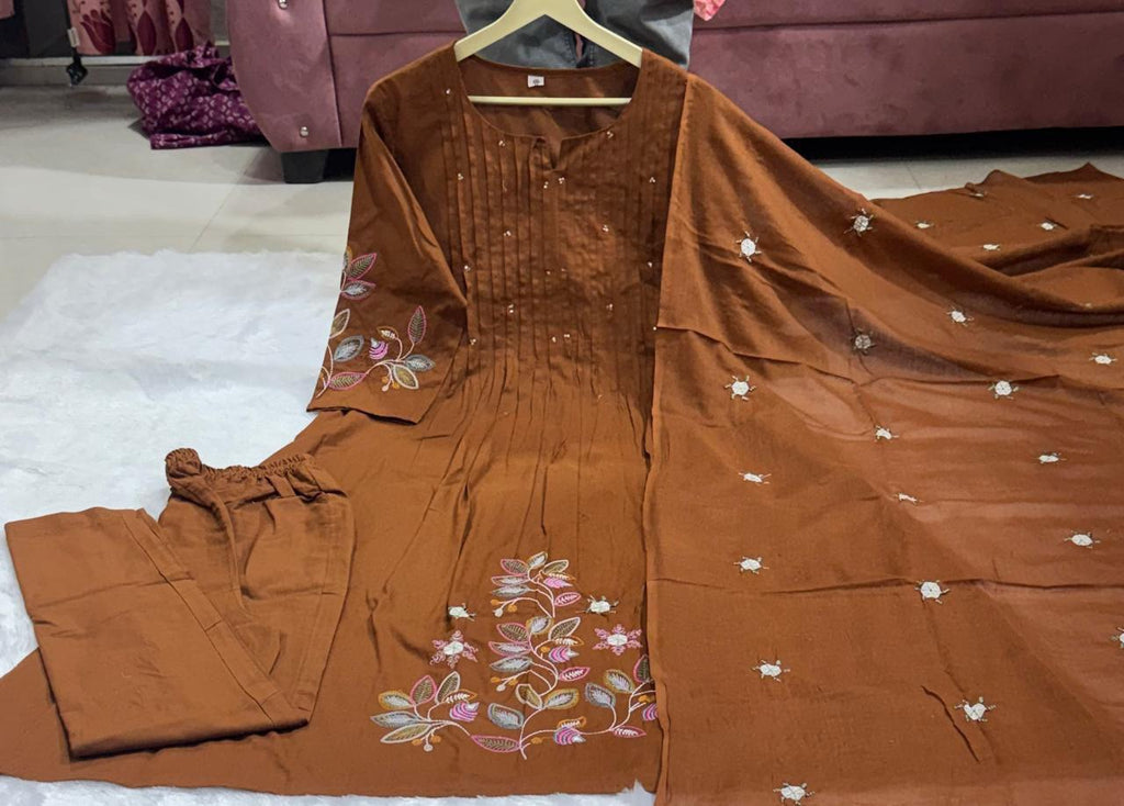 Elegant Cotton Embroidered A-Line Suit Set