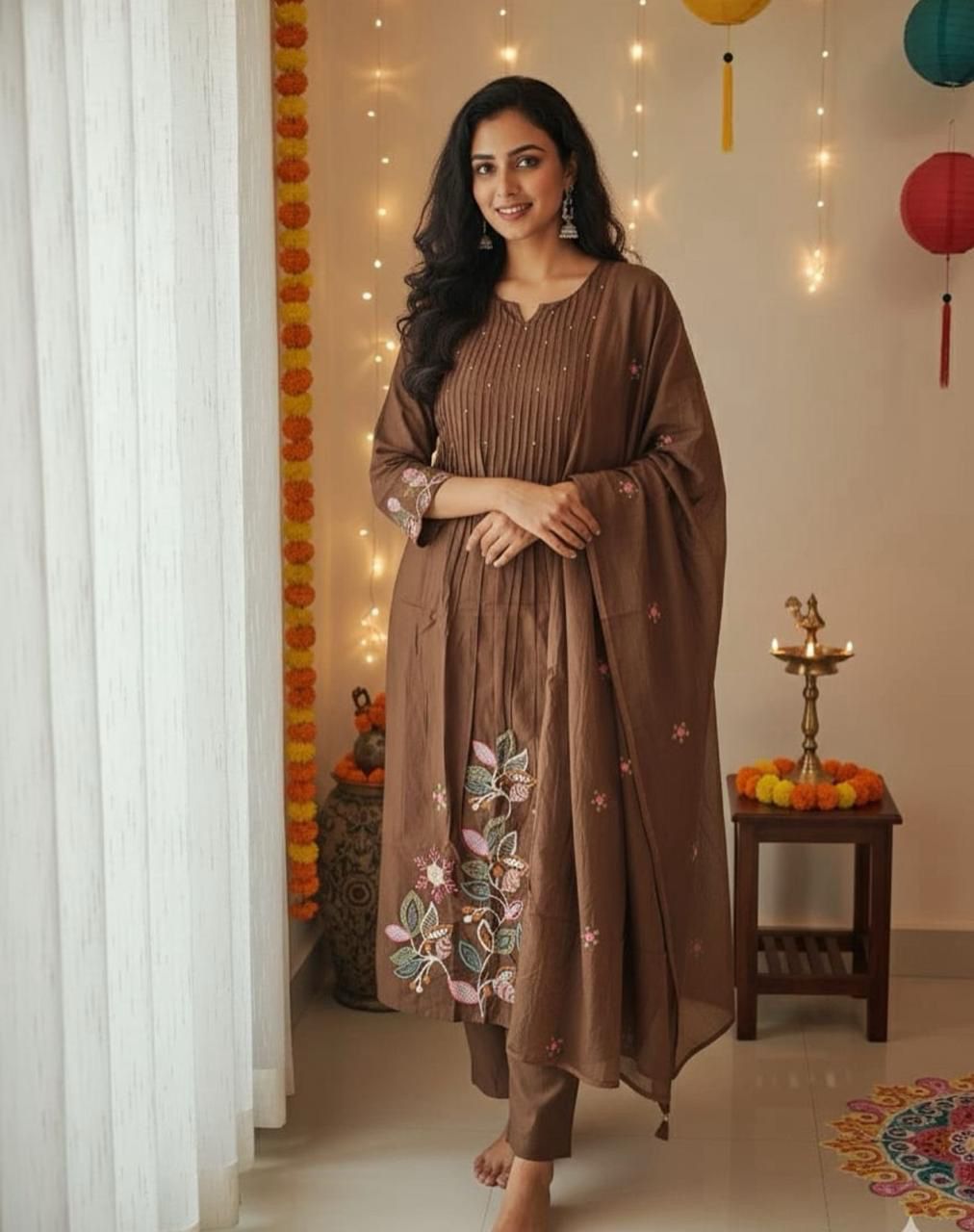 Elegant Cotton Embroidered A-Line Suit Set