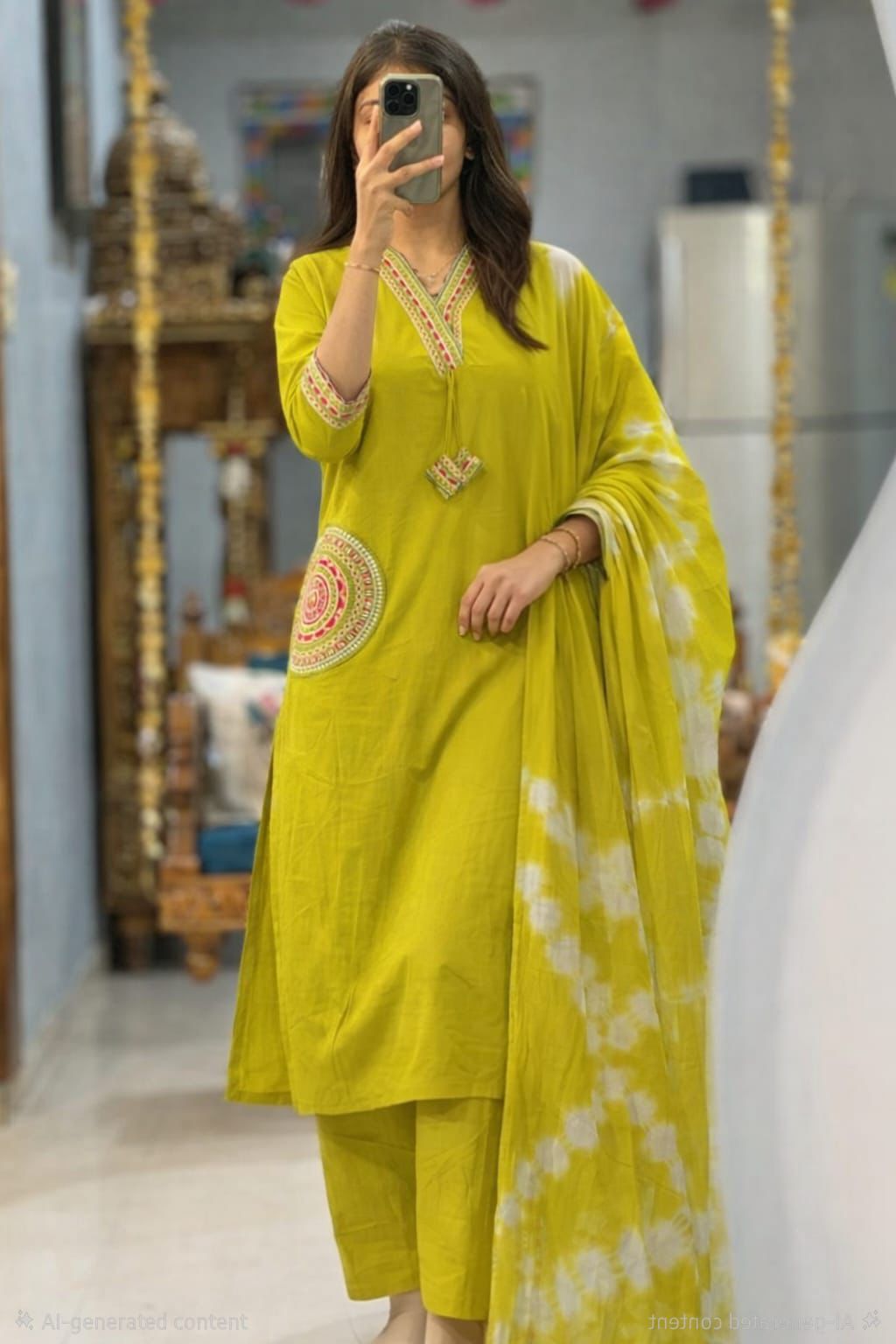Premium Embroidered Cotton Straight Kurta Set with Tie-Dye Dupatta