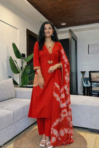 Premium Embroidered Cotton Straight Kurta Set with Tie-Dye Dupatta