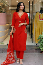Premium Embroidered Cotton Straight Kurta Set with Tie-Dye Dupatta